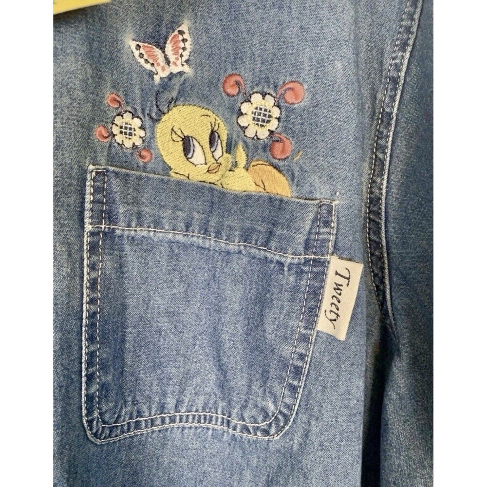 Warner Bro Looney-Tunes 1998 Chambray Embroidered Denim Button Up Shirt 26W/28W - Picture 3 of 10